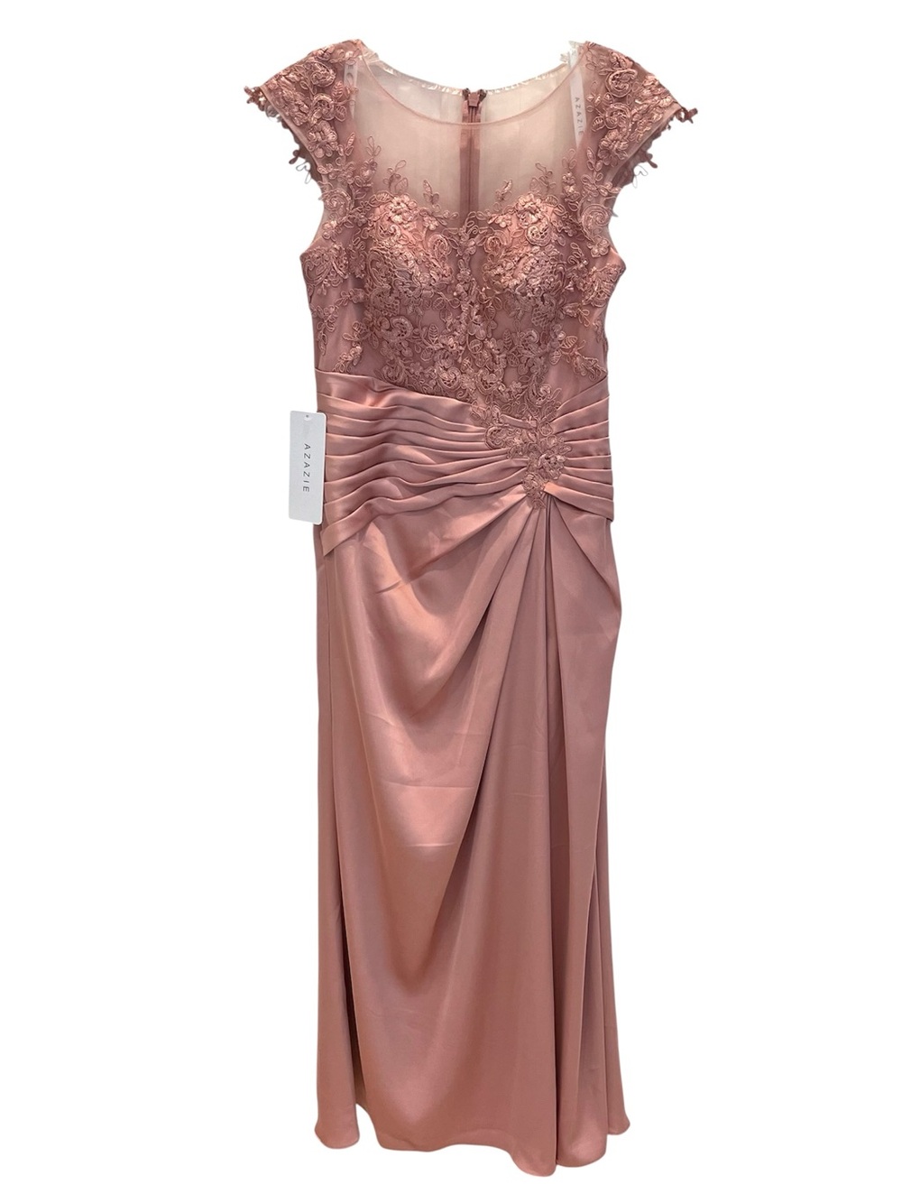 Azazie Santa Barbara Rosette Sheath Pleated Stretch Satin Dress Mother Of Bride